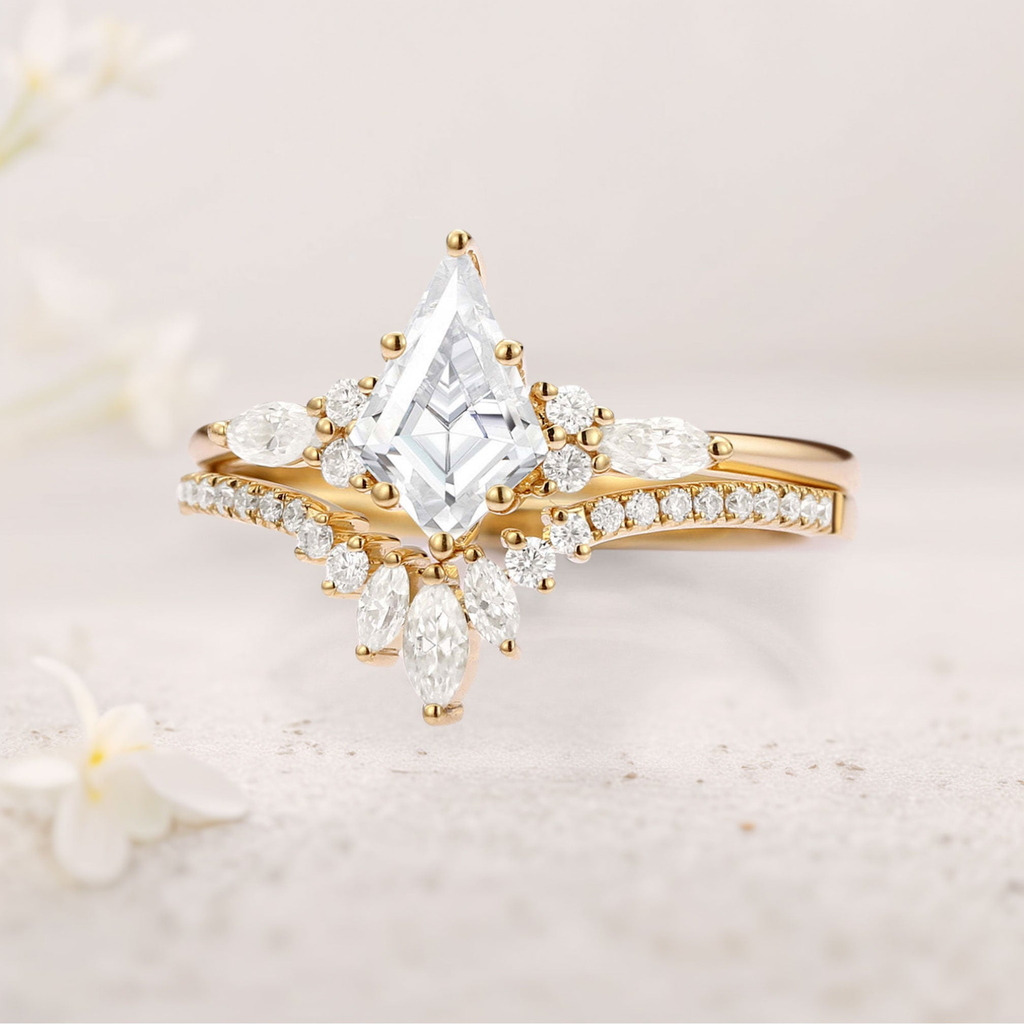 White Gold Plated 925 Sterling Silver Moissanite Ring Set (2 Rings) with 9x6mm Center Stone & Marquise Accents