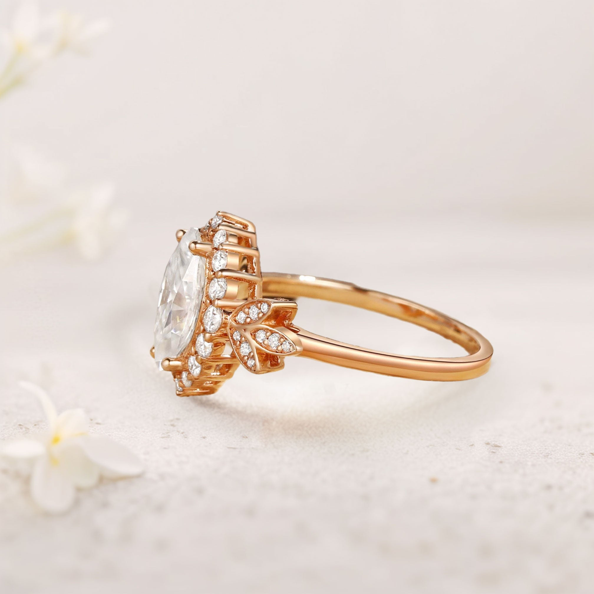 Marquise Moissanite Butterfly Halo Floral Engagement Ring in 925 Sterling Silver