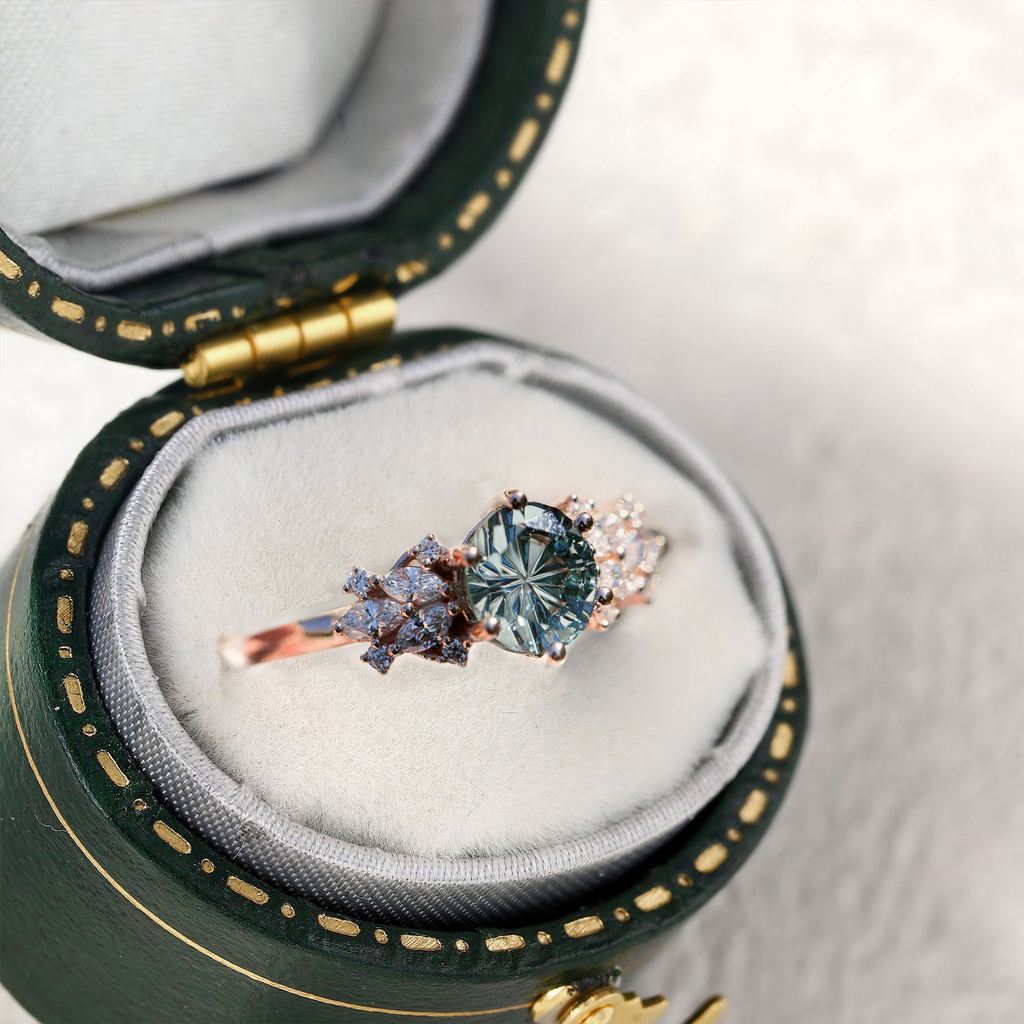 Star-Cut Green-Blue Sapphire Ring with Moissanite Accents in 14K Gold Vermeil – 6.5mm Center Stone