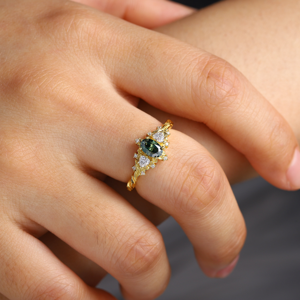 6×4mm Green Moissanite Ring with Triangle & Round Moissanite Accents – Platinum Silver Finish