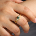 6×4mm Green Moissanite Ring with Triangle & Round Moissanite Accents – Platinum Silver Finish