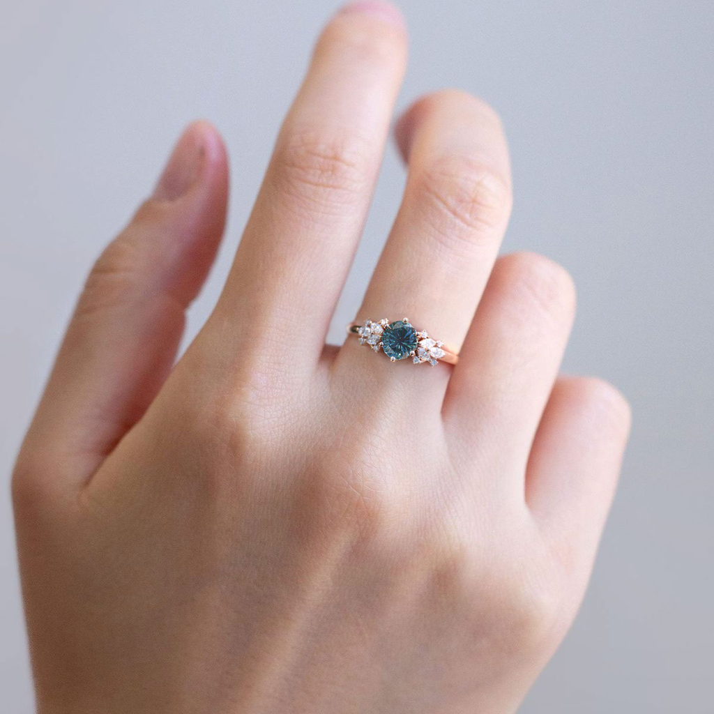 Star-Cut Green-Blue Sapphire Ring with Moissanite Accents in 14K Gold Vermeil – 6.5mm Center Stone