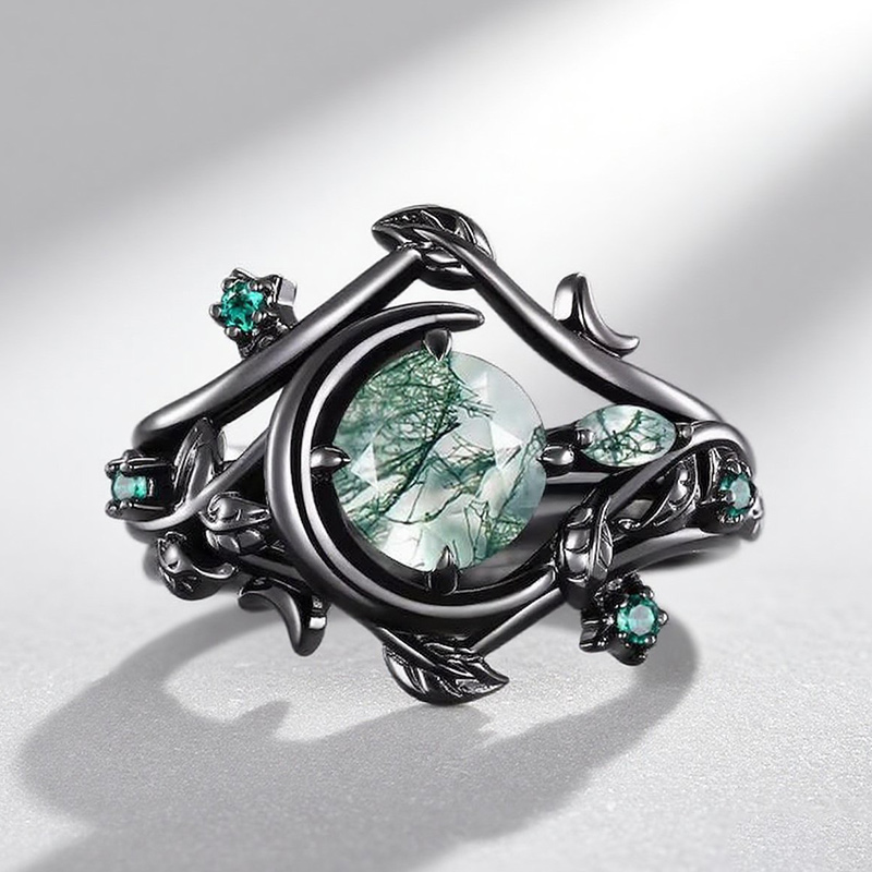 Black Plated Sterling Silver Ring with 7mm Moss Agate – 925 Silver Statement Ring US 9