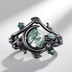 Black Plated Sterling Silver Ring with 7mm Moss Agate – 925 Silver Statement Ring US 9