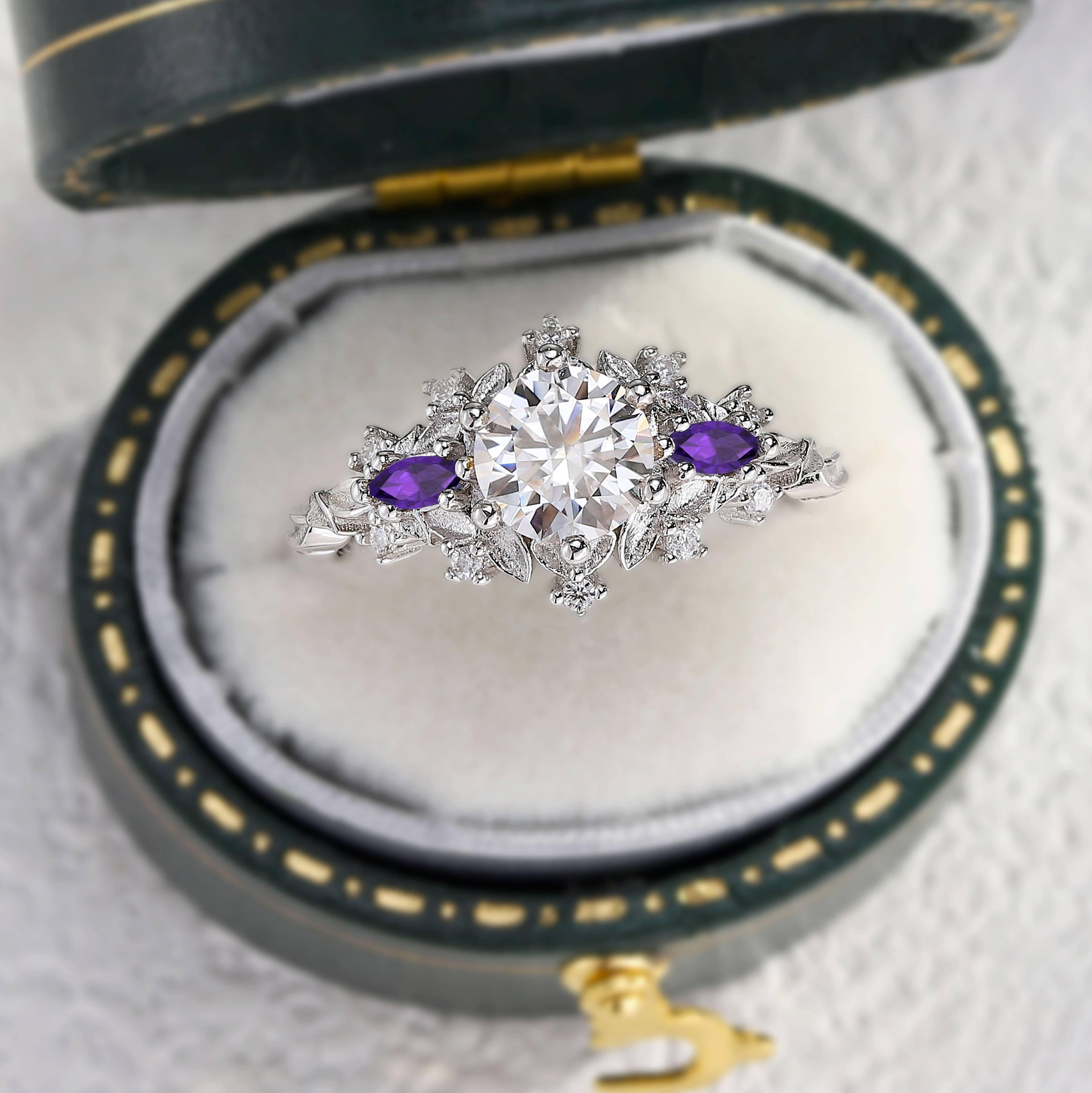 Moissanite Ring with Amethyst Marquise & Round Accents – White Gold Plated 925 Silver