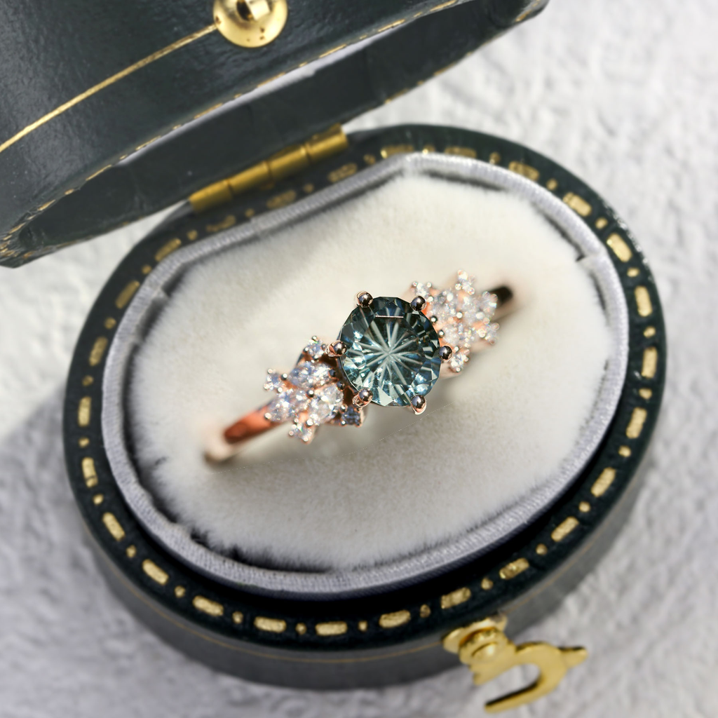 Star-Cut Green-Blue Sapphire Ring with Moissanite Accents in 14K Gold Vermeil – 6.5mm Center Stone