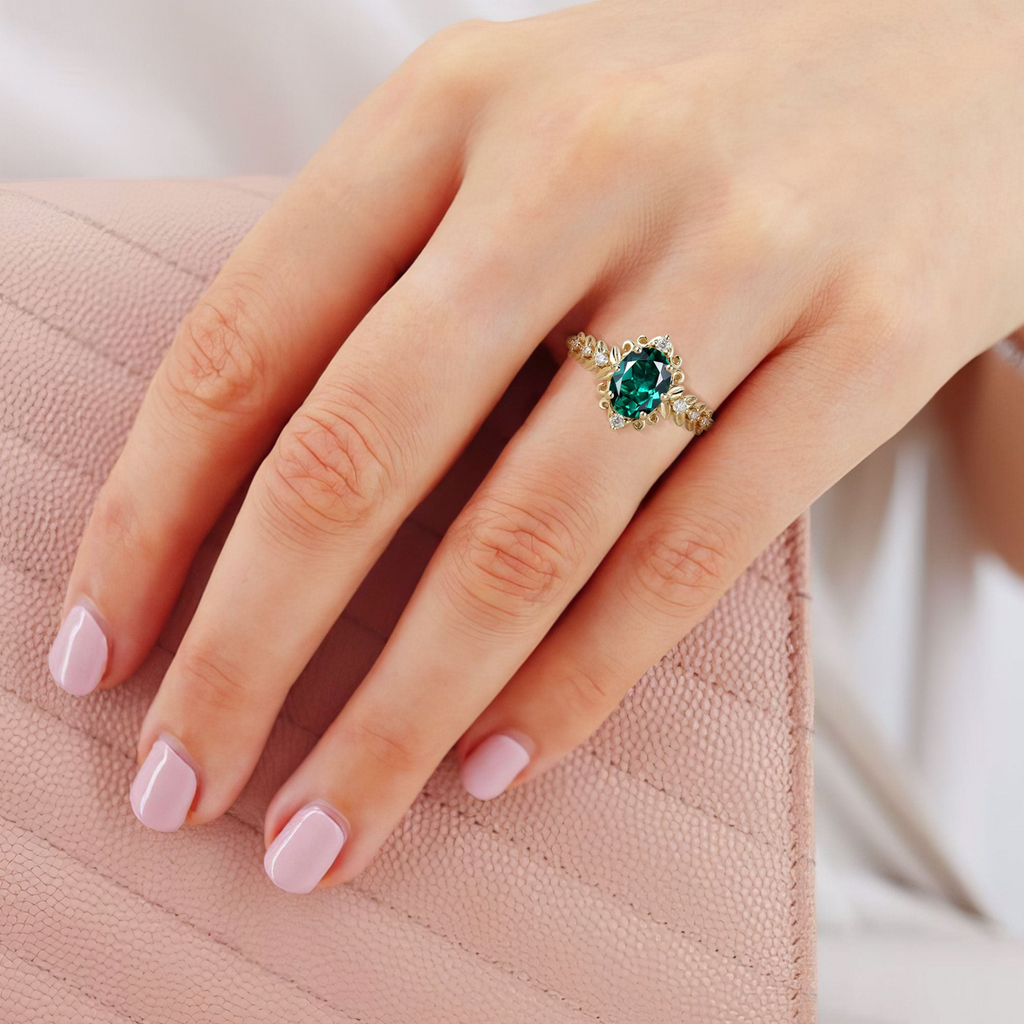 8x6mm Lab Emerald Ring with Diamond Accents – 925 Sterling Silver Gold Plated Women’s Ring