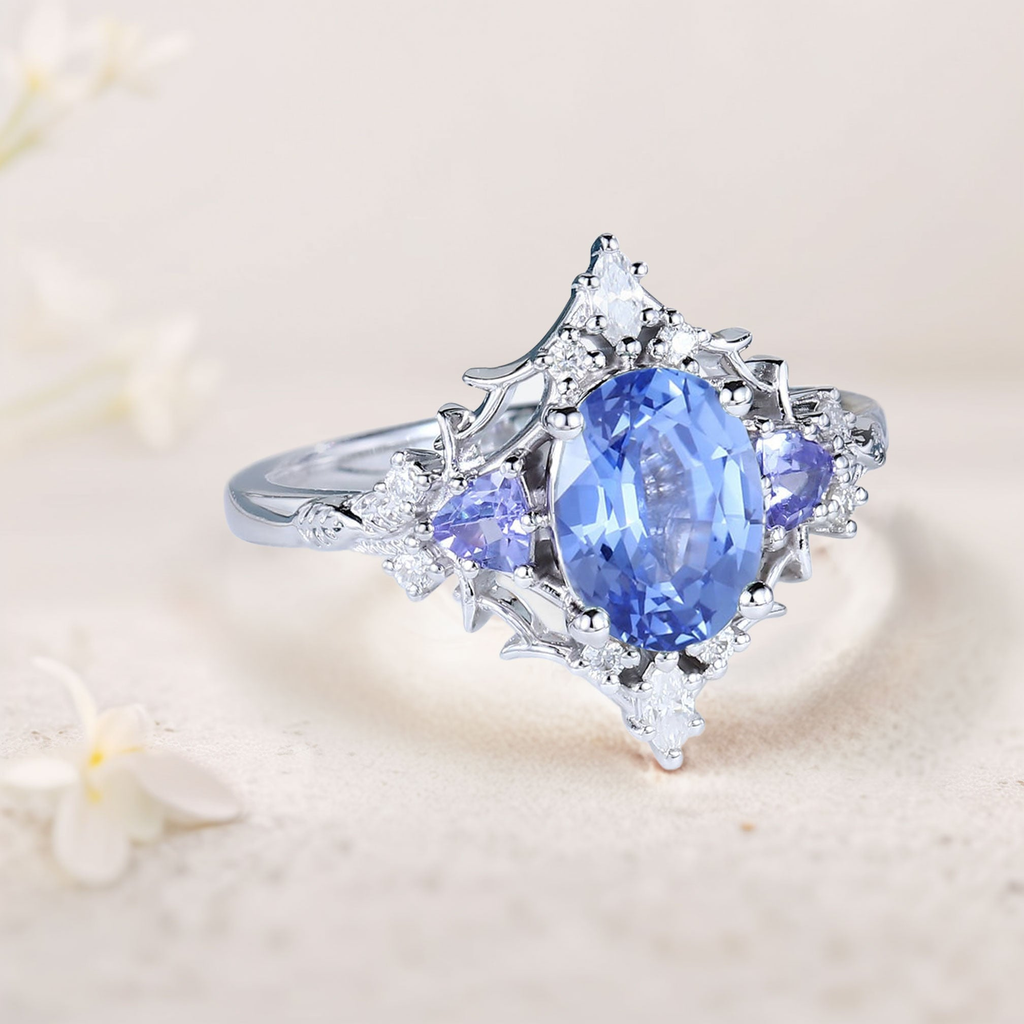 14K Gold Vermeil Ring with Lab-Created Blue Sapphire & Diamond Accents – 7×5mm Center Stone