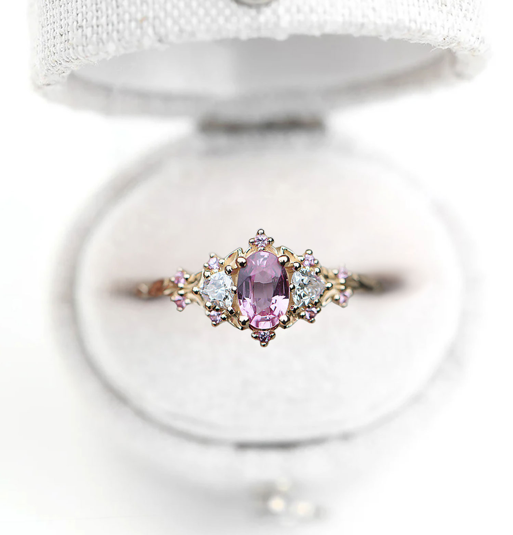 Padparadscha Sapphire Ring with Triangle Moissanite Accents – Gold Plated 925 Silver, Engraved Love Ring