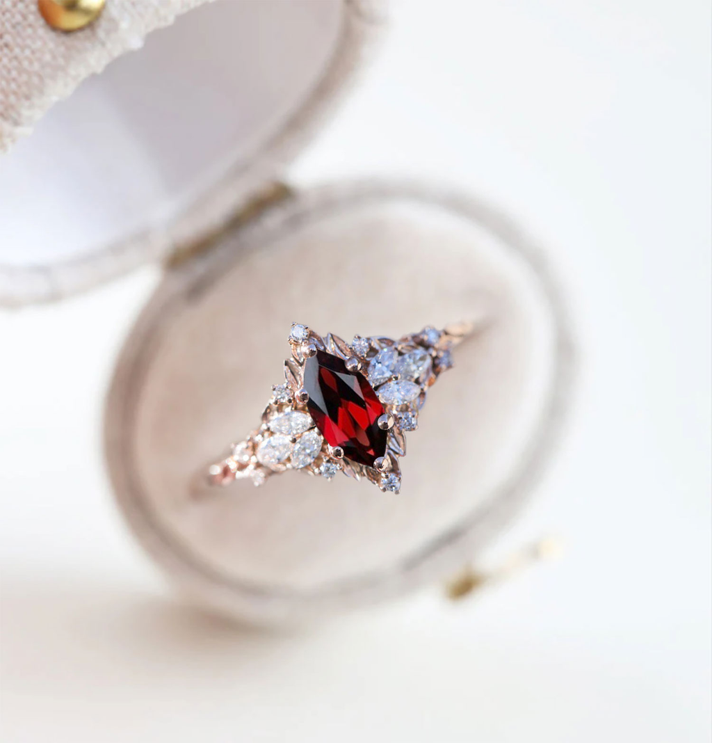 Ruby & Marquise Moissanite Accent Ring in 14K Gold Vermeil – 8×4mm Center Stone