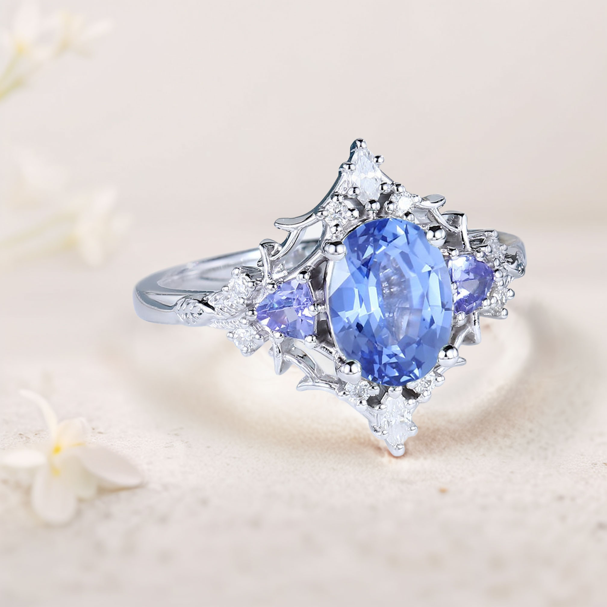 18K Gold Blue Sapphire Ring with Marquise, Trillion & Round Accents – 7x5mm Lab Sapphire Women’s Ring US 8