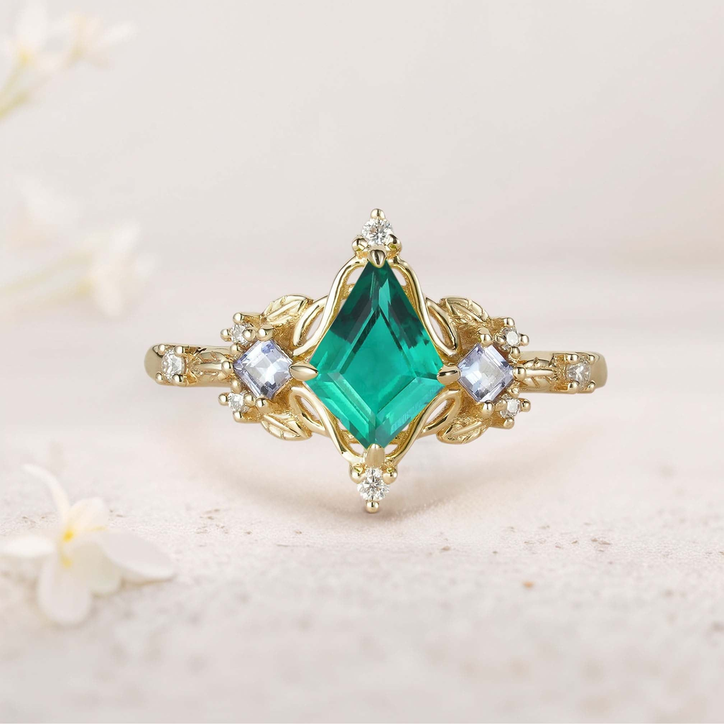 Zambian Lab-Grown Emerald & Tanzanite Accent Ring in Platinum Silver – 7×10mm Center Stone