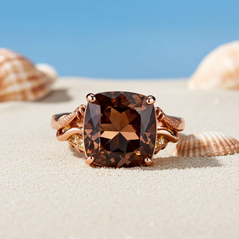 Rose Gold-Plated Sterling Silver Ring with Square Coffee Gemstone & Yellow Accents – US Size 10