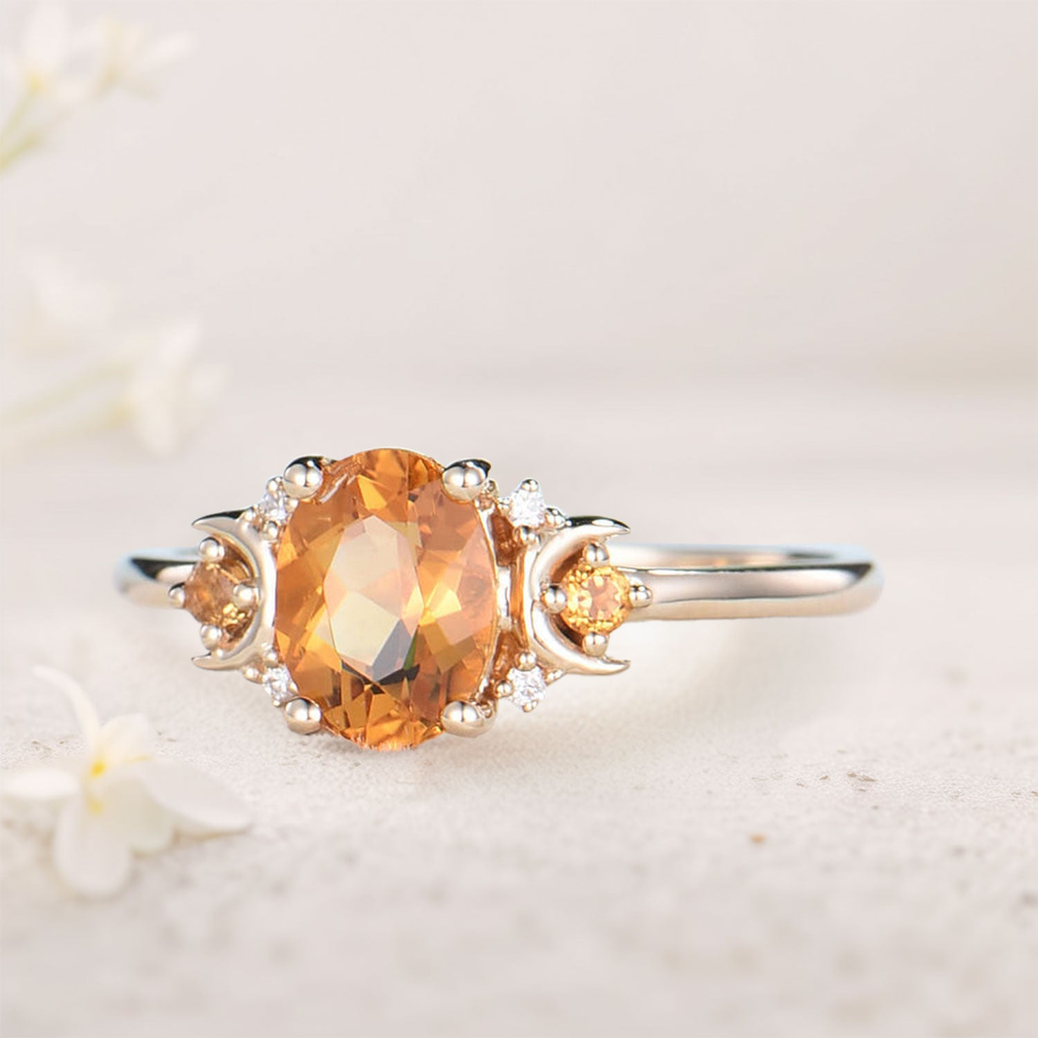 Citrine & Moissanite Ring – Platinum Plated Sterling Silver