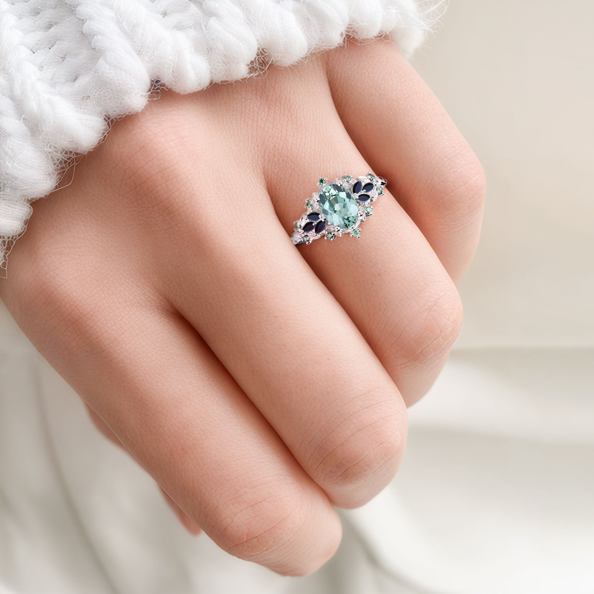 8×6mm Lab Created Teal Sapphire Ring with Black Onyx Marquise Accents – Platinum Plated Sterling Silver